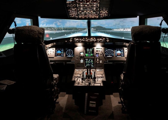 Flight simulator inside a real fuselage of an Airbus A320